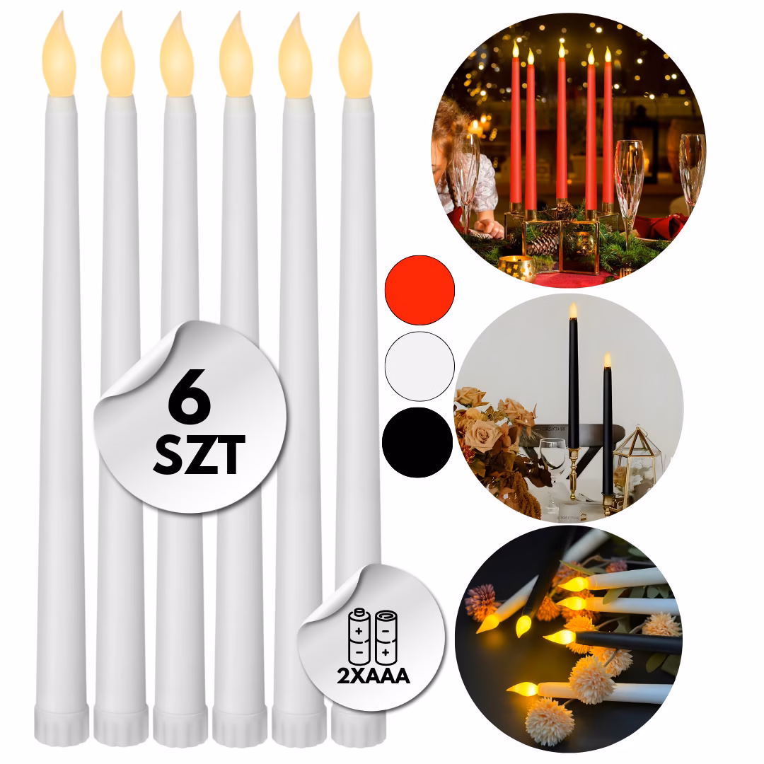 Zestaw 6 białych świec stożkowych LED, kolory biały, czarny i czerwony, zasilanie 2 baterie AAA