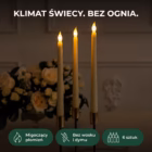 Klimat świecy bez ognia: zbliżenie trzech zapalonych świec stożkowych LED w świecznikach, migoczący płomień, bez wosku i dymu, 6 sztuk