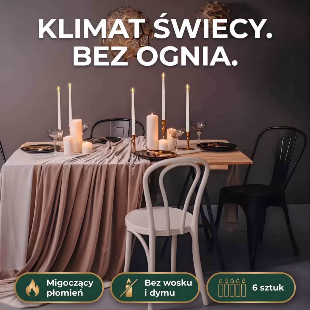 Klimat świecy bez ognia: nakryty stół z białymi świecami stożkowymi LED, migoczący płomień, bez wosku i dymu, 6 sztuk