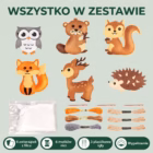 Wszystko w zestawie: 6 zwierzątek z filcu, 6 motków nici, 3 plastikowe igły i wypełnienie